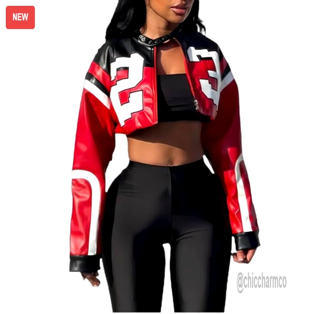 Cropped Faux Leather Motorcycle Jacket Women's S-Xl Streetwear Bomber
